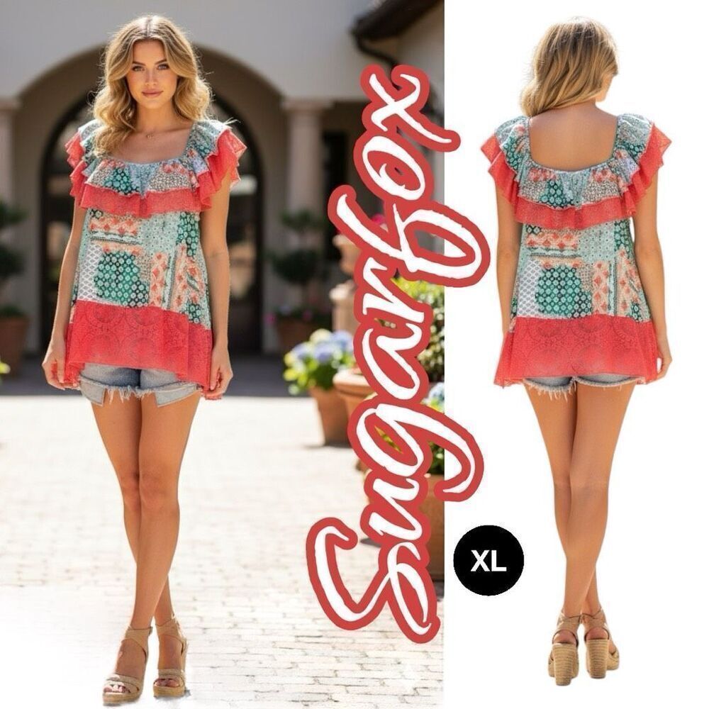 SUGARFOX Coral Ethnic Print Lace Ruffle Hem Top 1XL Women’s PLUS
